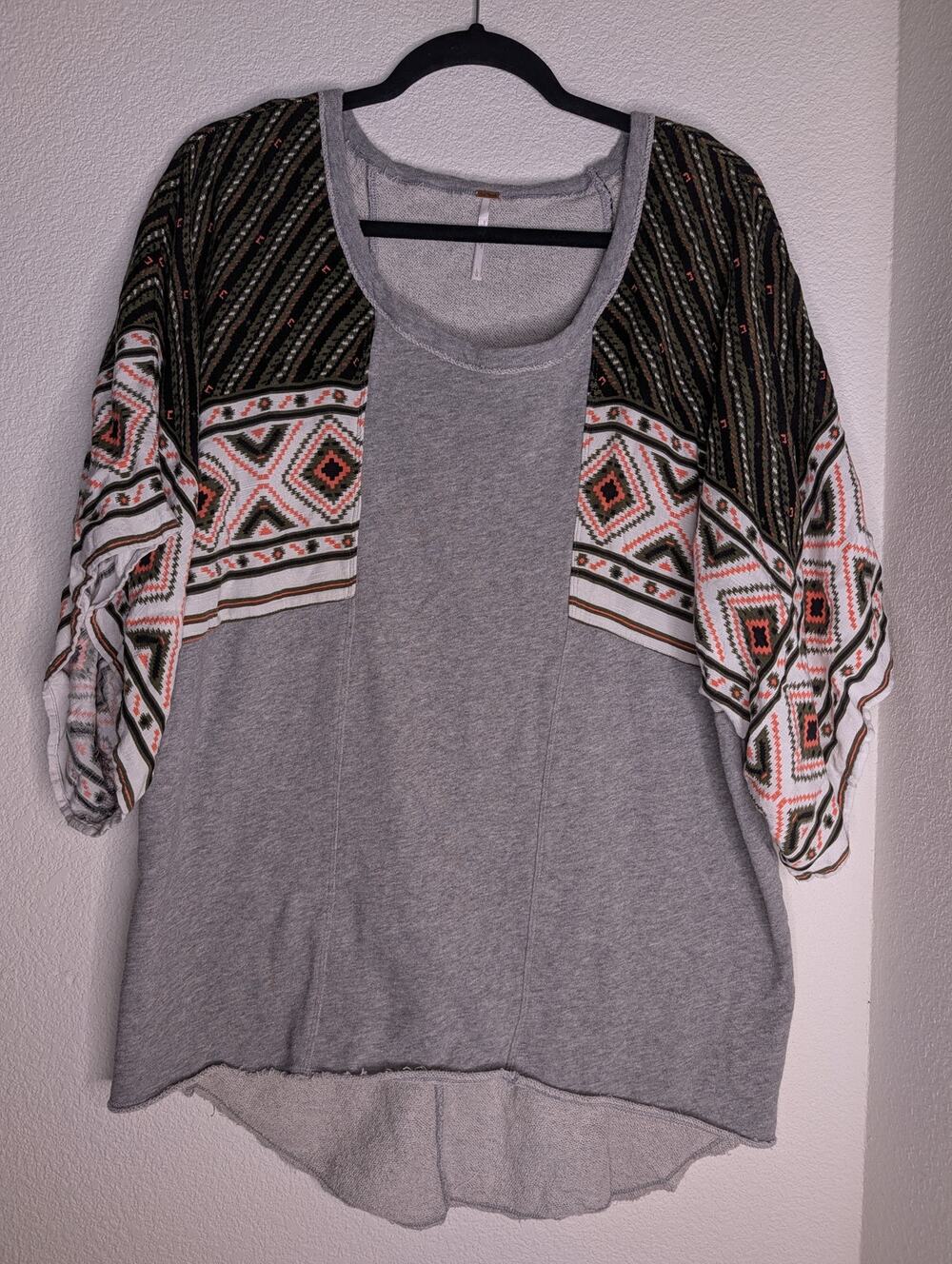 Free People Geometric Aztec Sweatshirt Tunic Boho Raw Hem L Oversized Flowy Chic